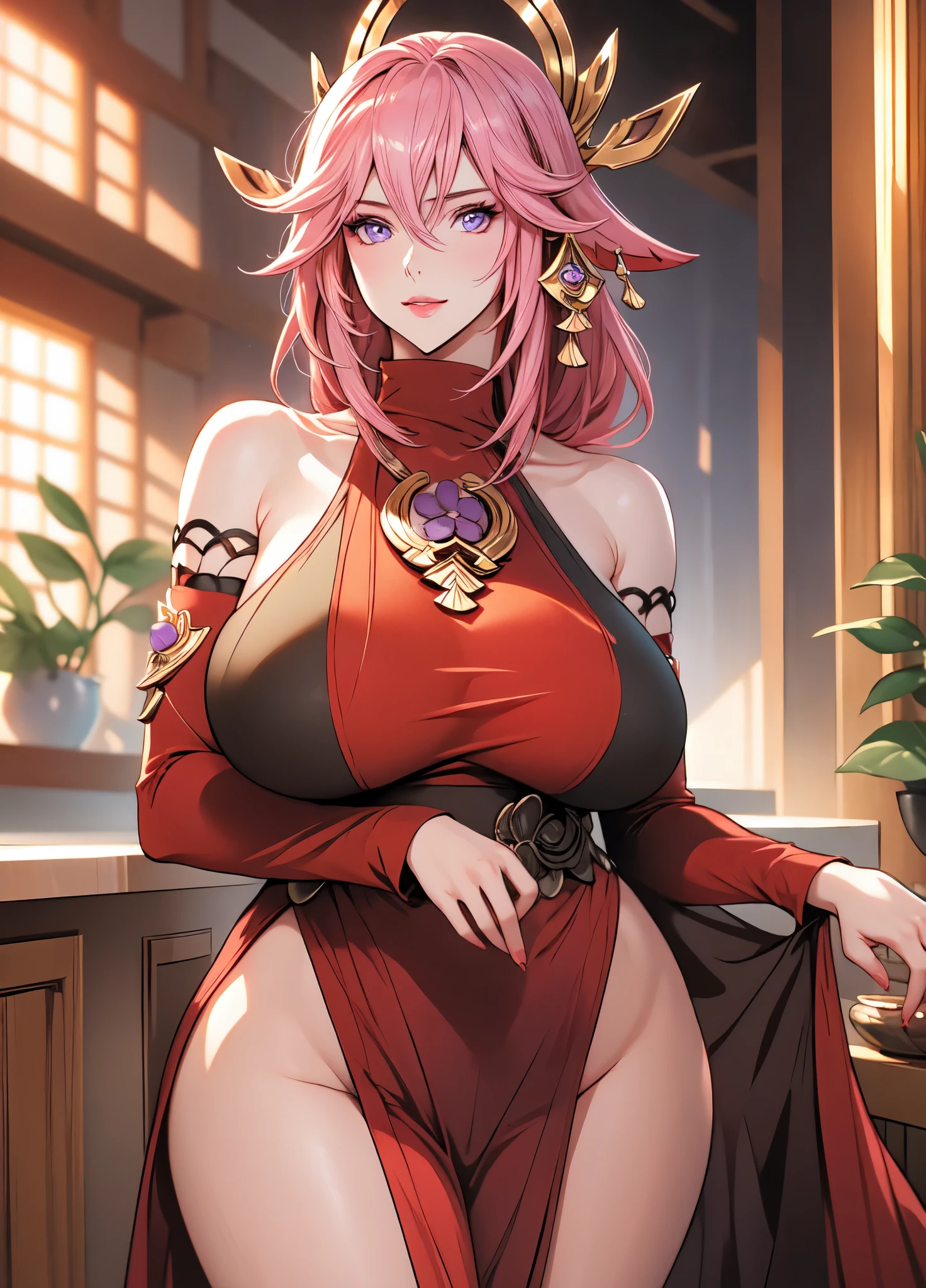 Illustration, cowboy shot, perfect anatomy, 1women, looking at camera, seductive smile, (Milf), (detailed mature face), ((yae miko)), milfication, BREAK, natural makeup, (long hair, pink hair), (bangs, hair between eyes), ((mature body, tall women)), ((detailed eye:1.3)), beautiful lips, (gigantic round breasts), (sideboobs, nipples), ((hourglass body)), ((wide hips, thick thighs)), expressive, BREAK, hair ornament, earrings, purple eyes, bare shoulders, detached sleeves,wide sleeves, jewelry, sideboob, Miko uniform, BREAK, anime, ((best quality)), masterpiece, highly detailed, indoor, night theme, depth of field, voluminous, sharp focus, vibrant colors, dramatic lighting, soft shadows, ((proportional body))