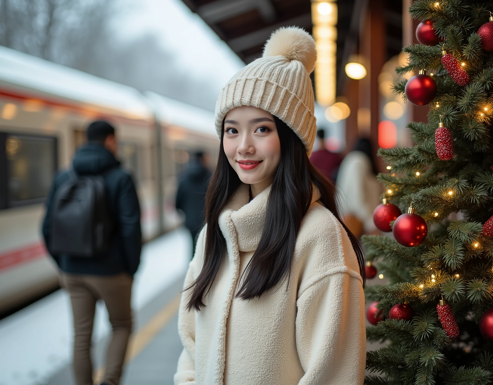 rule of third side-view photo; magazine cover photo; a professional photography of a beautiful young blond woman standing in a crowd train station; detailed beautiful face; she is an Asian woman; she smile gently looking at a train run by, she wearing an fleece coat, sweatpants and wool hat; winter season; a decor Christmas pine tree in background; cozy atmosphere; high-key lighting; depth of field; intricate detailed;