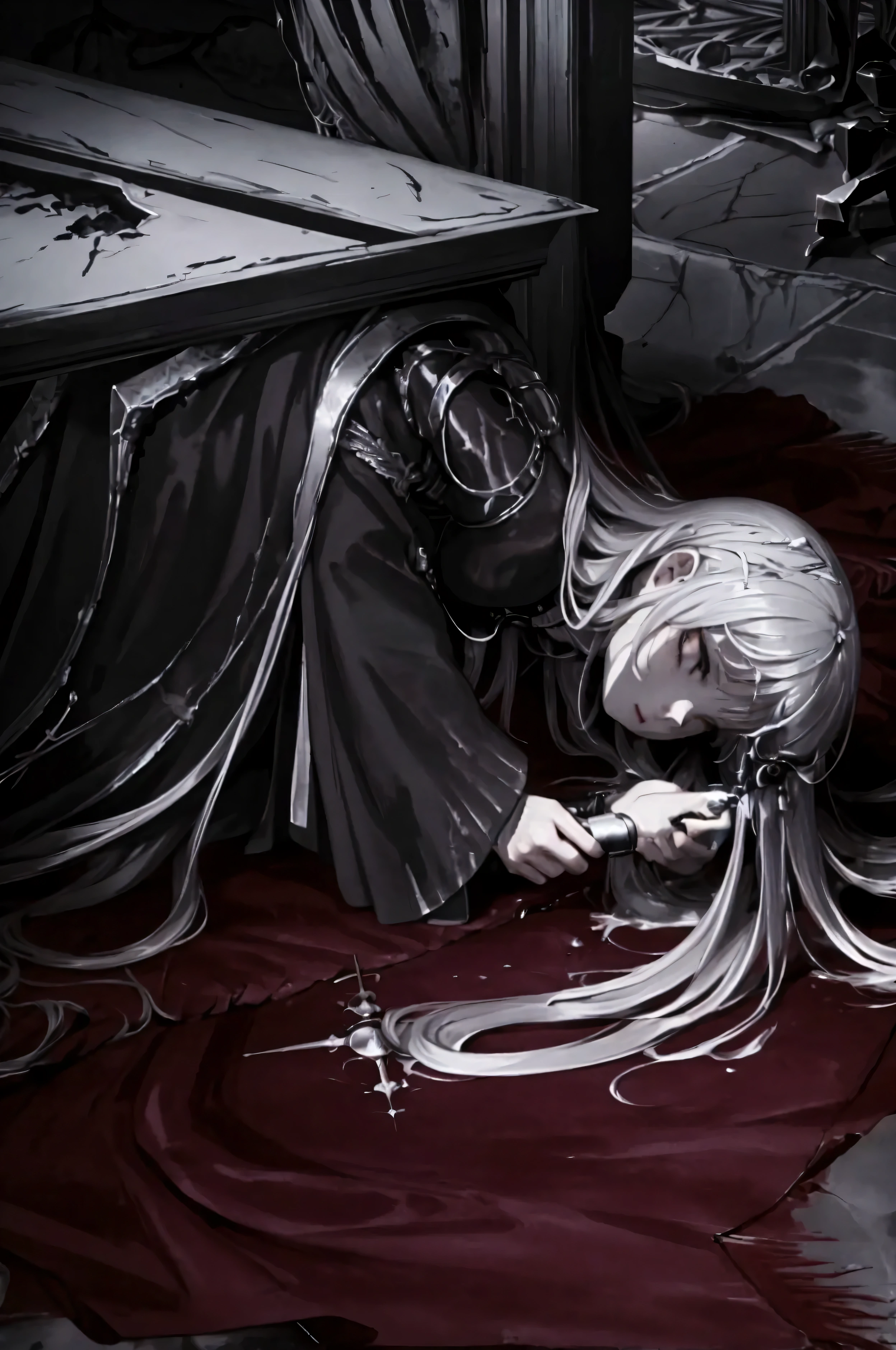 illustration, best quality, highly detailed, dramatic contrast, 1girl, 1boy, sister holding a silver knife ("Ark"), standing over her fallen brother, sorrowful expression, flowing long hair, bloodstained floor, dark gothic architecture, glowing candles, shattered relics, moonlight streaming through cracked windows, ethereal mist, atmosphere of tragedy and betrayal, divine and ominous duality
