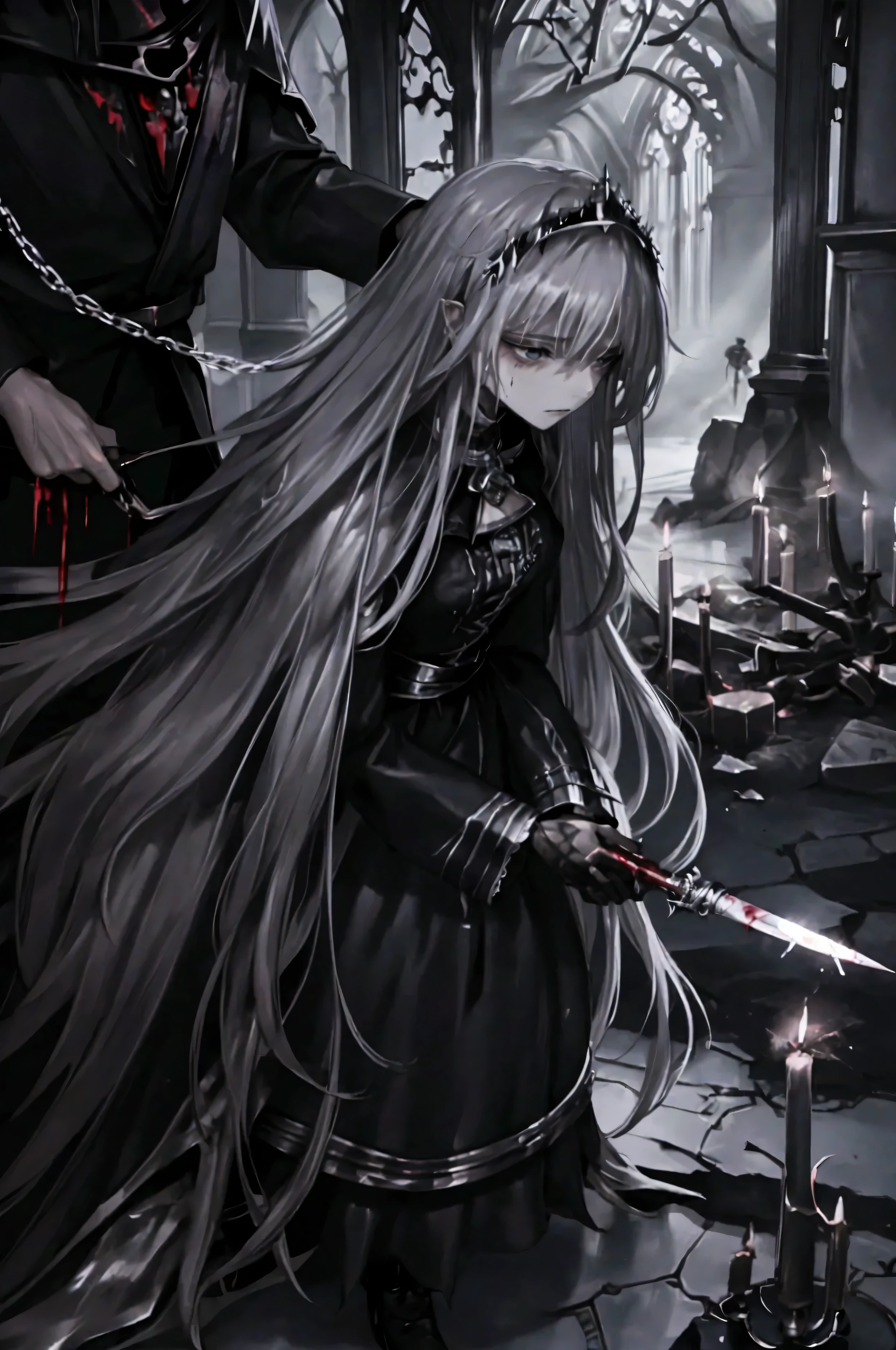 illustration, best quality, highly detailed, dramatic contrast, 1girl, 1boy, sister holding a silver knife ("Ark"), standing over her fallen brother, sorrowful expression, flowing long hair, bloodstained floor, dark gothic architecture, glowing candles, shattered relics, moonlight streaming through cracked windows, ethereal mist, atmosphere of tragedy and betrayal, divine and ominous duality
