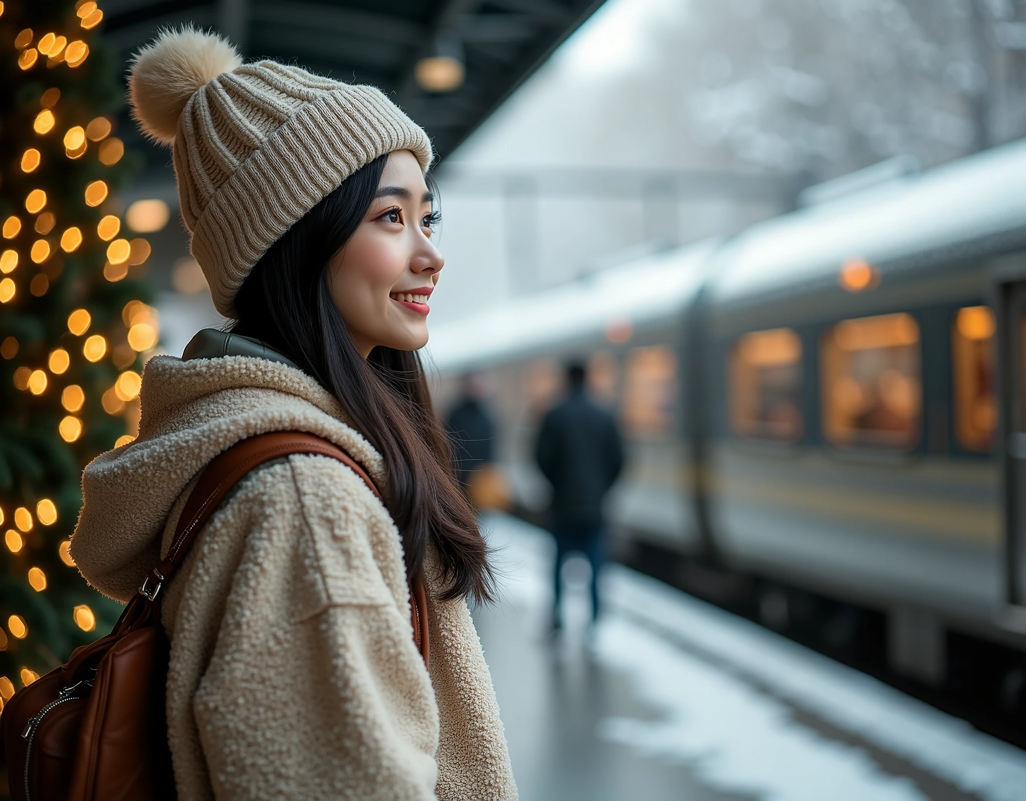 rule of third side-view photo; magazine cover photo; a professional photography of a beautiful young blond woman standing in a crowd train station; detailed beautiful face; she is an Asian woman; she smile gently looking at a train run by, she wearing an fleece coat, sweatpants and wool hat; winter season; a decor Christmas pine tree in background; cozy atmosphere; high-key lighting; depth of field; intricate detailed;