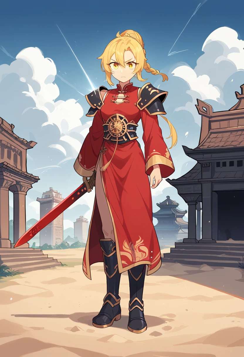 score_9, score_8_up, score_7_up, score_6_up, score_5_up, score_4_up, source_anime, Chinese style, ancient battlefield, an ancient Chinese female general, holding a sword in her hand, grim expression, full body, amazing facial features, red robe, armor, boots, yellow sand in the sky, fleeing crowd, firelight, game model, stunning lighting, C4D, OC rendering, cinematic edge light, delicate light, masterpiece, super detailed, epic composition, super HD, high quality, highest quality, 32k