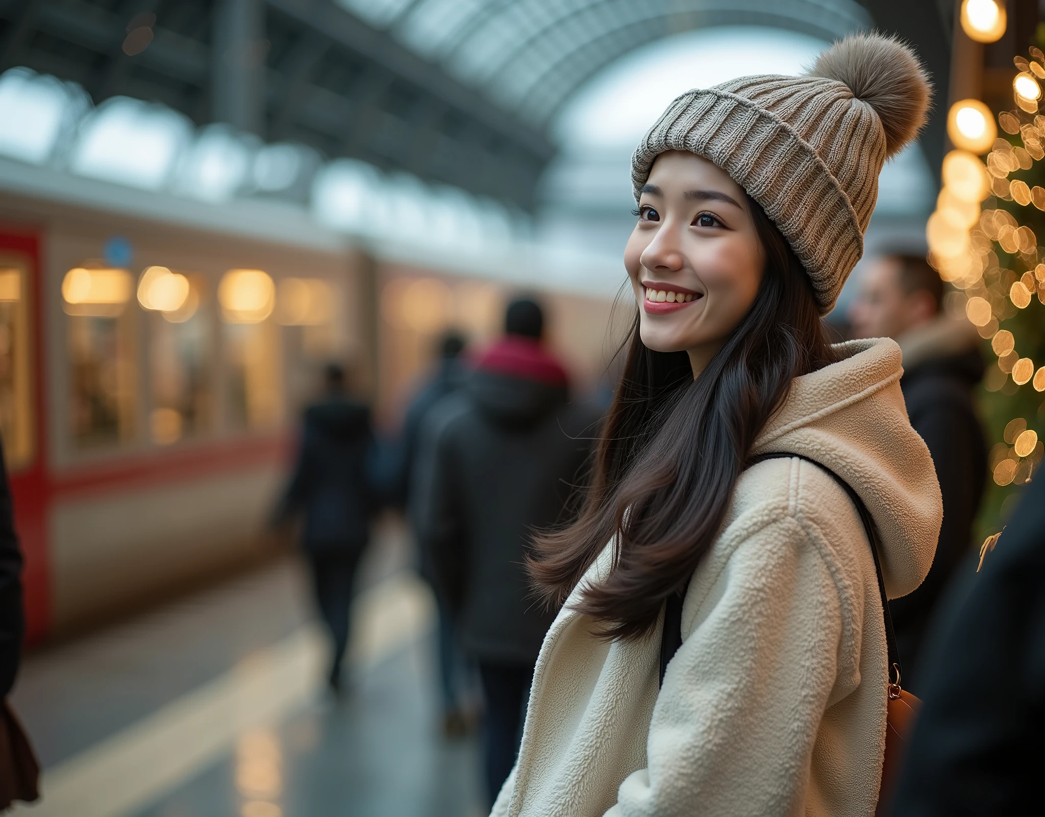 rule of third side-view photo; magazine cover photo; a professional photography of a beautiful young blond woman standing in a crowd train station; detailed beautiful face; she is an Asian woman; she smile gently looking at a train run by, she wearing an fleece coat, sweatpants and wool hat; winter season; a decor Christmas pine tree in background; cozy atmosphere; high-key lighting; depth of field; intricate detailed;