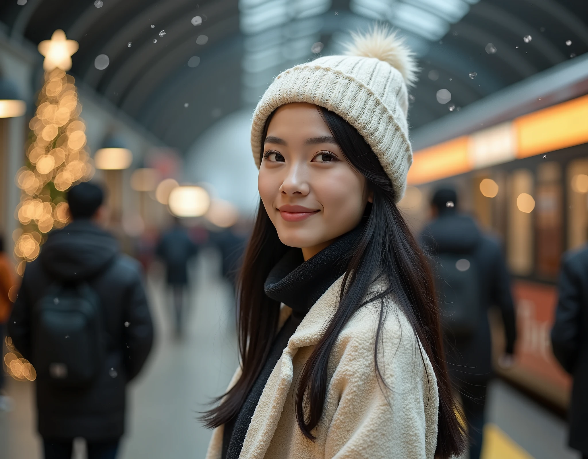 rule of third side-view photo; magazine cover photo; a professional photography of a beautiful young blond woman standing in a crowd train station; detailed beautiful face; she is an Asian woman; she smile gently looking at a train run by, she wearing an fleece coat, sweatpants and wool hat; winter season; a decor Christmas pine tree in background; cozy atmosphere; high-key lighting; depth of field; intricate detailed;