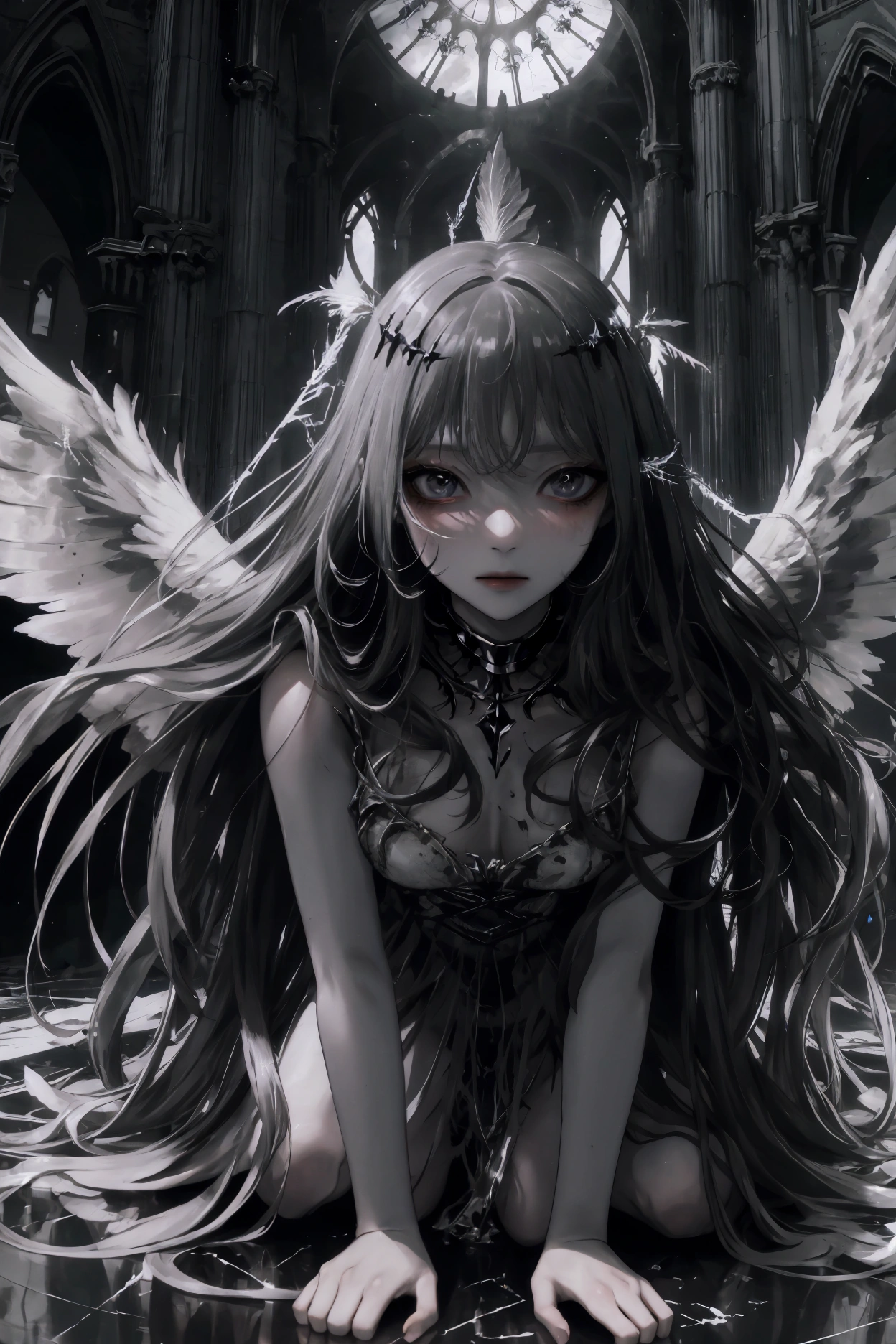 illustration, best quality, highly detailed, surreal atmosphere, 1girl, kneeling, arms outstretched, empty gaze, long flowing hair, tattered dress, floating feathers, glowing halo, broken angel wings, ethereal light, dark ominous clouds, towering cathedral ruins, shattered stained glass, glowing symbols on the floor, vibrant contrast of light and shadow, atmosphere of madness and divine reverence
