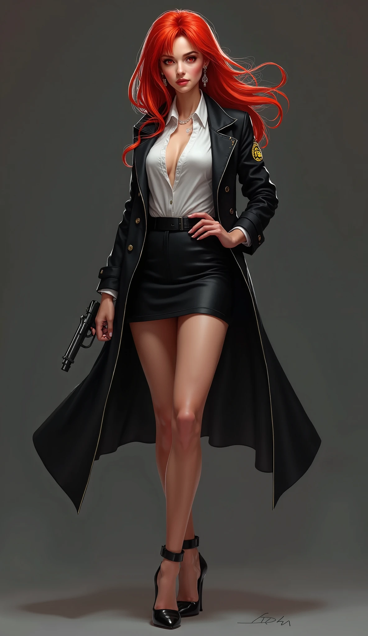 A pregnant woman with a blonde bob haircut, wearing a choker, a tight red leather jacket with a deep V-neck (the hem reaches her waist), a red skirt, and black boots.
FHD, rich in detail, masterpiece, realistic style, canon 5D4.