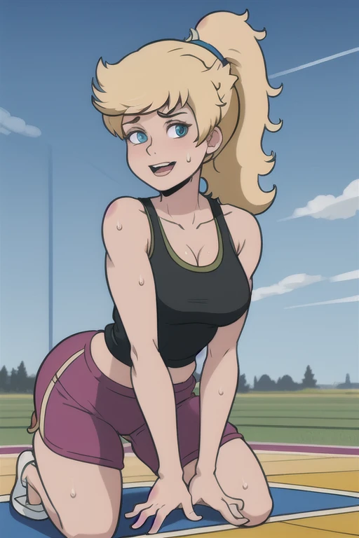 masterpiece, best quality, 1girl, linka, blonde hair, ponytail, blue eyes, upper body, looking at viewer, smile, solo, meadow background, gym background, gym concept, she is sporting, GYM, sweating profusely, exhausted, breathing, open mouth, steam coming out of her mouth, tight gym shorts, tight gym tank top, bending over, hands on knees, dripping sweat, dripplits of sweat on the floor, puddle of sweat shot, 
