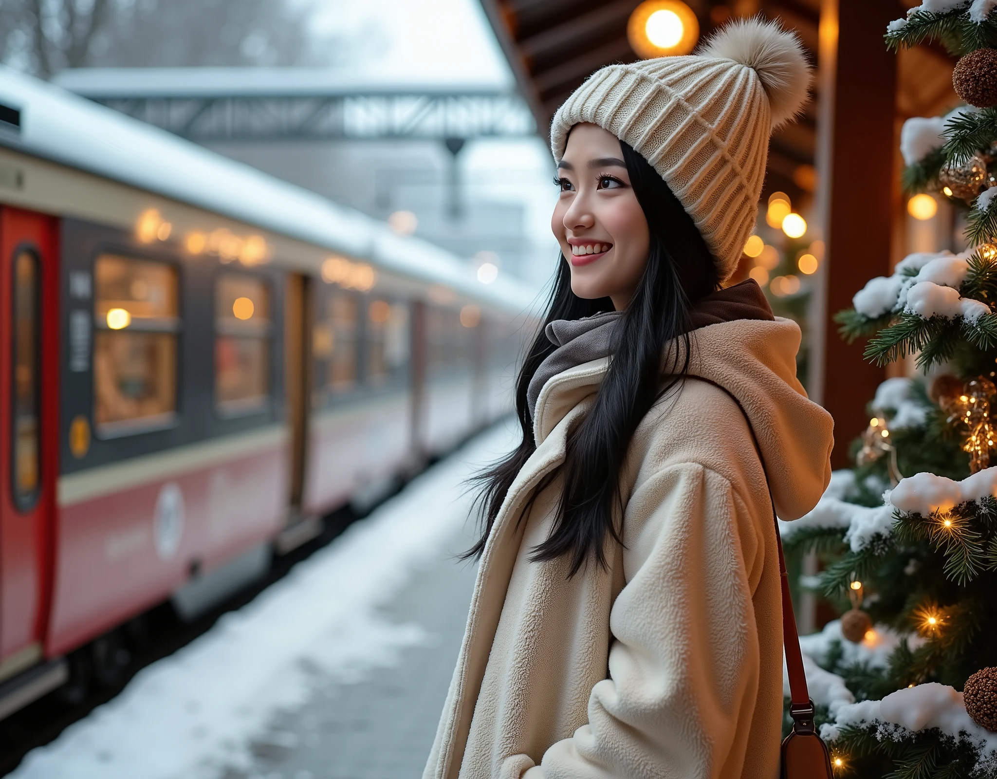 rule of third side-view photo; magazine cover photo; a professional photography of a beautiful young blond woman standing in a crowd train station; detailed beautiful face; she is an Asian woman; she smile gently looking at a train run by, she wearing an fleece coat, sweatpants and wool hat; winter season; a decor Christmas pine tree in background; cozy atmosphere; high-key lighting; depth of field; intricate detailed;