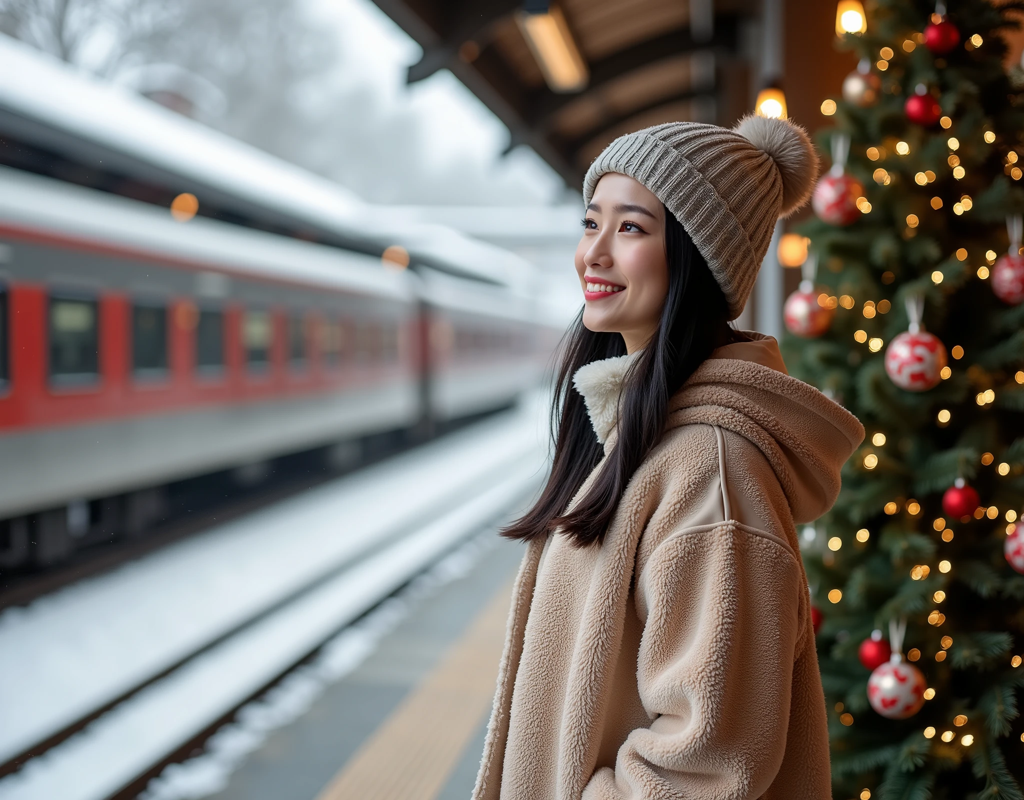 rule of third side-view photo; a professional photography of a beautiful young blond woman standing in a crowd train station; detailed beautiful face; she is an Asian woman; she smile gently looking at a train run by, she wearing an fleece coat, sweatpants and wool hat; winter season; The train station decor with Christmas theme; a decor Christmas pine tree in background; cozy atmosphere; depth of field; intricate detailed