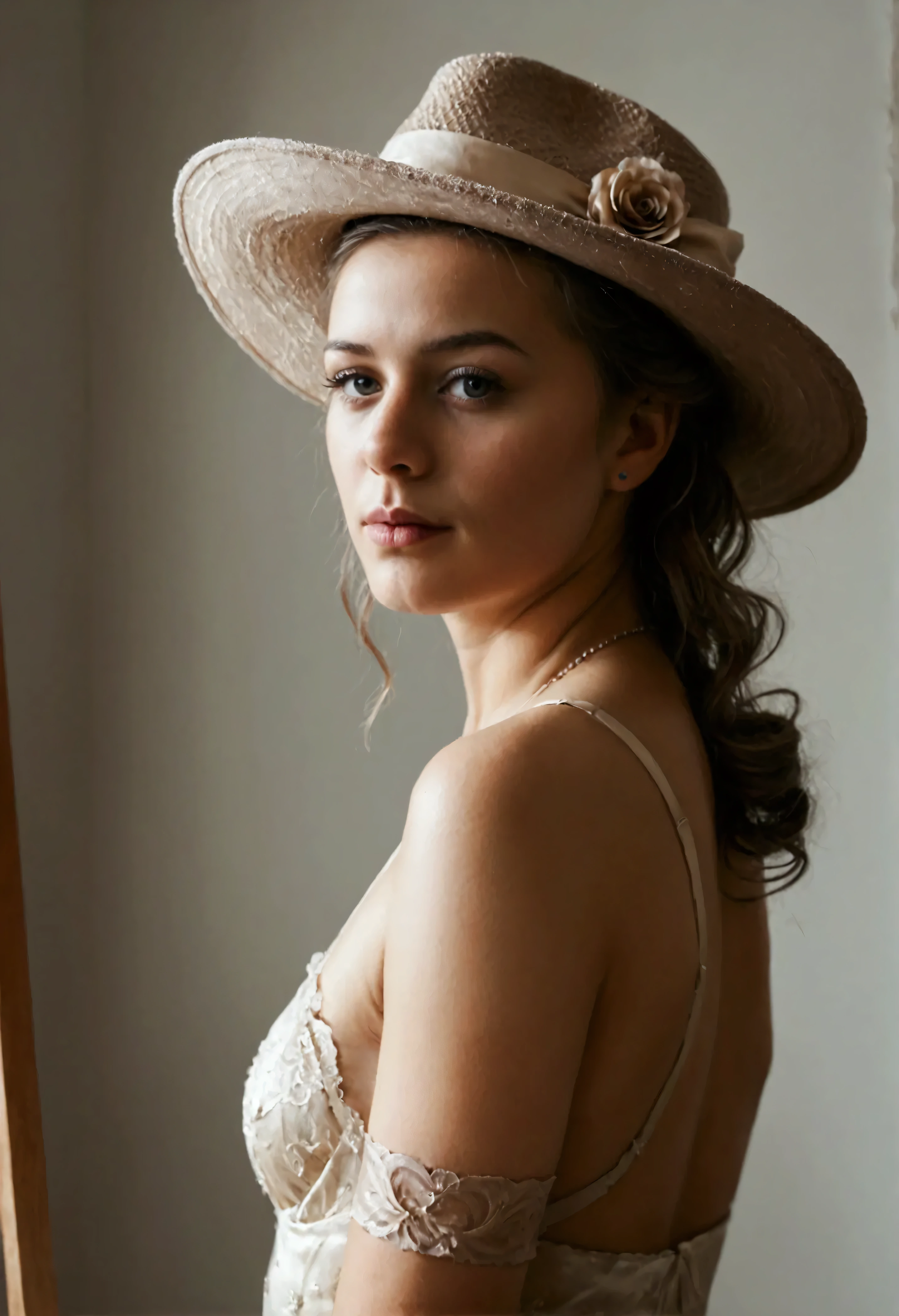 a bourgeois woman dressed like a whore, wearing a hat, showing her legs in tan stockings, detailed facial features, detailed clothing, extremely detailed, photorealistic, 8k, high quality, oil painting, chiaroscuro lighting, dark and moody, dramatic lighting