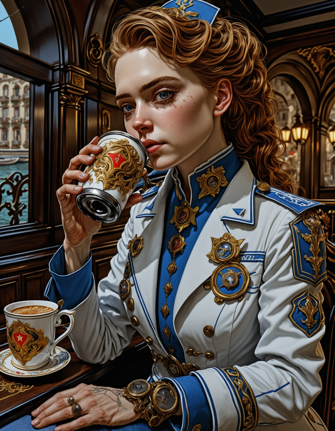 an portrait of an female medic drinking coffee, detailed, centered, digital painting, artstation, concept art, donato giancola, Joseph Christian Leyendecker, WLOP, Boris Vallejo, Breathtaking, 8k resolution, extremely detailed, beautiful, establishing shot, artistic, hyperrealistic, beautiful face, octane render, fallen satellite, twisted metal, electronic glitches, lost connections, (SDXL 1.0), shot on 35mm, hyper realistic, cinematic