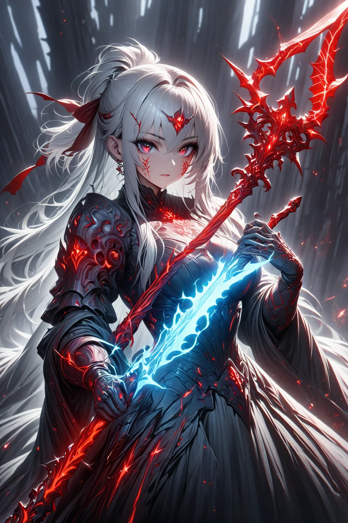 Absurdres high res, ultrasharp 8k, masterpiece,  a beautiful woman with blood-red eyes ,  dress with runes that glow red, She holds a scythe in her hand, gigant reaper behind her, silver hair with headband and short ponytail,  scars on his face,