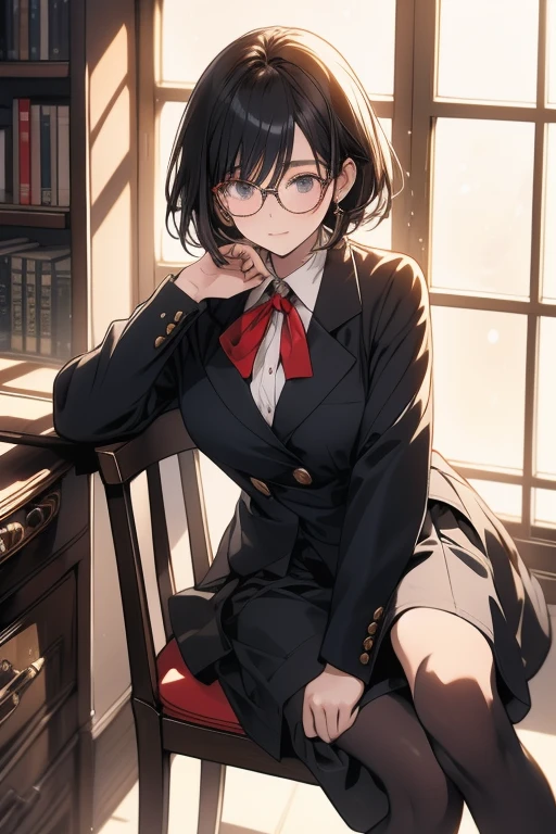 1girl, solo, looking at viewer, smile, skirt, black hair, sitting, , parted lips, necktie, glasses, socks, indoors, black eyes, coat, book, cosplay, window, red skirt, black socks, round eyewear, adjusting eyewear, hogwarts