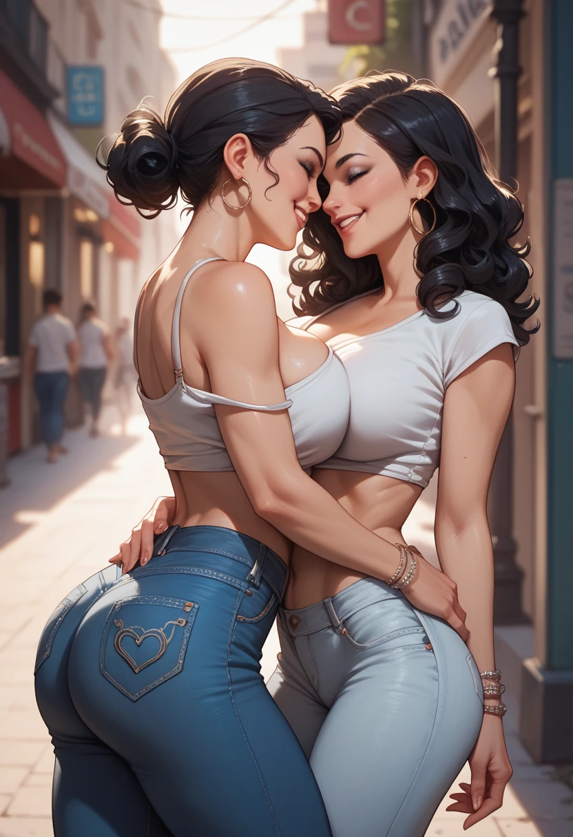 passionate street photographer with curly black hair and a confident smile, wearing a cropped graphic tee and high-waisted jeans, large breasts, waist-up, 