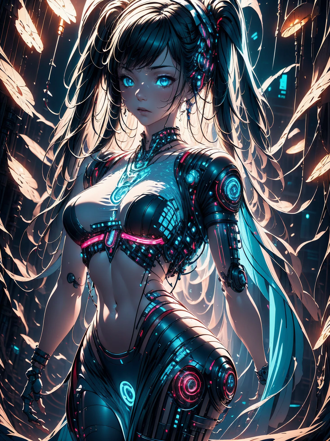 cyber beauty, highly detailed image of a biomechanical girl with a beautiful face, crimson hair. Her transparent glass and white porcelain skin reveals a network of intricate metals that form a stunning skeletal structure, catching the soft bioluminescent pink glow from beneath. Inside the futuristic lab room, complex electronic circuits, chips, and -on-a-chip (SoC) components pulse with light, creating a symphony of high-tech wonder, creative, beautiful and aesthetic, high_res