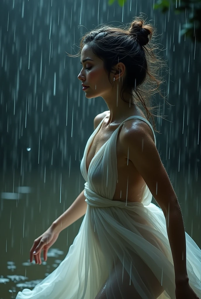 a young beautiful woman, (dancing in the rain:1.5), intricate detailed face, beautiful eyes, detailed lips, delicate skin, wet hair, graceful movement, flowing dress, rain drops, overcast sky, dramatic lighting, cinematic composition, painterly style, muted color palette, dramatic atmosphere