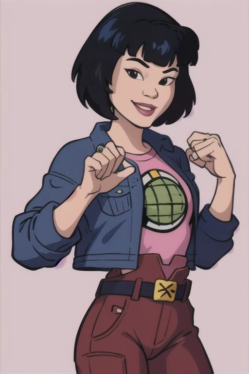 masterpiece, best quality, 1girl, gi, black hair, short hair, black eyes, belt, blue jacket, looking at viewer, ring, shirt, smile, solo, simple background  