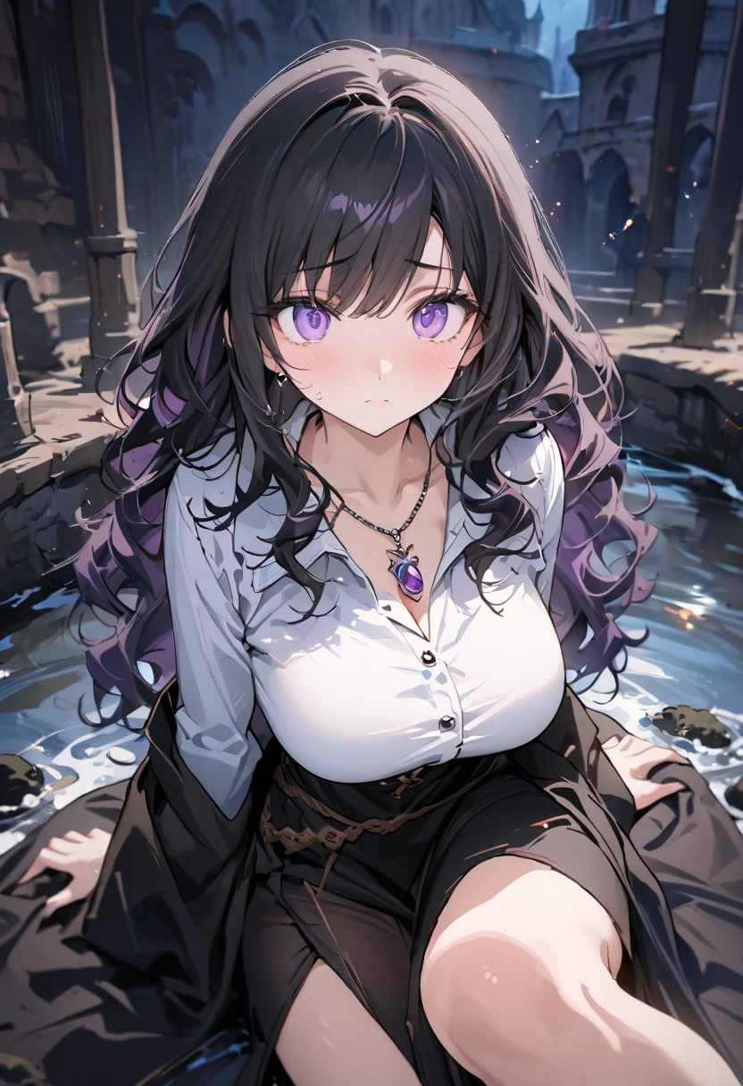 ((Masterpiece)), ((Masterpiece_portrait)), ((Best_qulity)), (unexposed), highres, distinct, distinct_image, hyper_detail, (detailed_face : 0.8), novel illustration, 1girl, solo, black_hair, wavy_hair, swept_bangs, purple_eyes, big_eyes, liquid_eyes, close_mouth, subtle_sadness, dress_shirt, large_breasts, sagging_breasts, 
Stocking, pendant, long_robe, slender, glamorous, slender_arm, slender_leg, medieval, Fantasy, Gangland, night