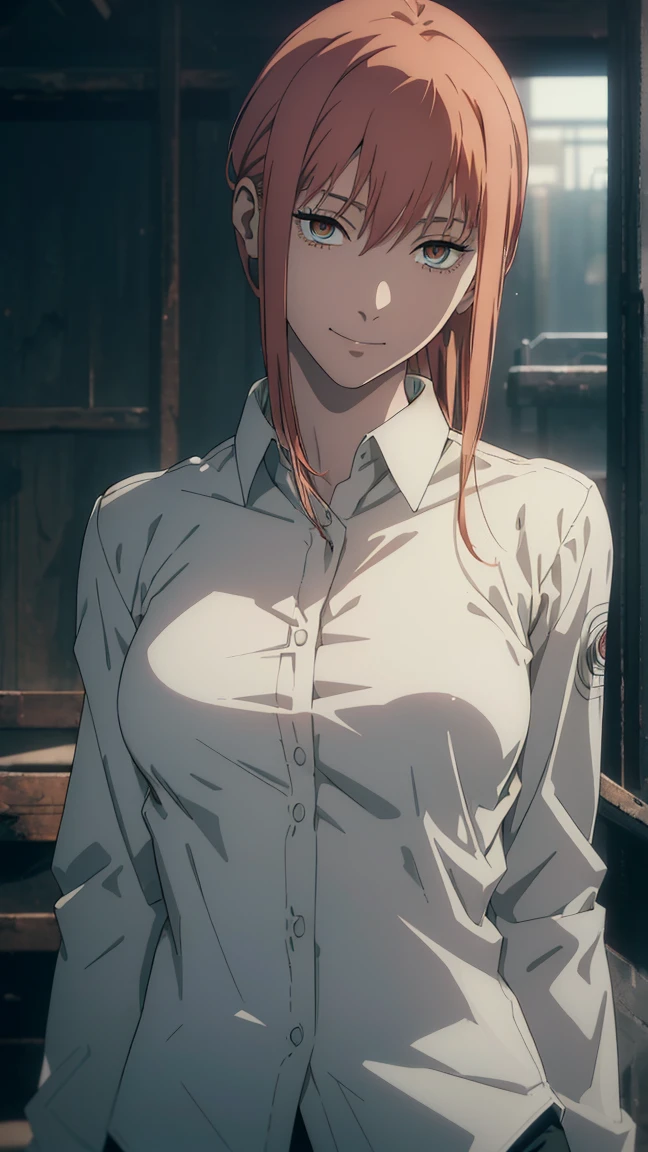 Makima \(Chainsaw Man\), blood rain, 1girl, only, Standing, red hair, long braided hair, golden eyes, bangs, medium breasts, fit, (bad:1.2) , Looking at viewer, (interview:1.3), dark background, Best quality, shiny skin, highest quality, High resolution, belly, nipples, areola nipple, her vagina is clearly visible, pubic hair, NSFW.