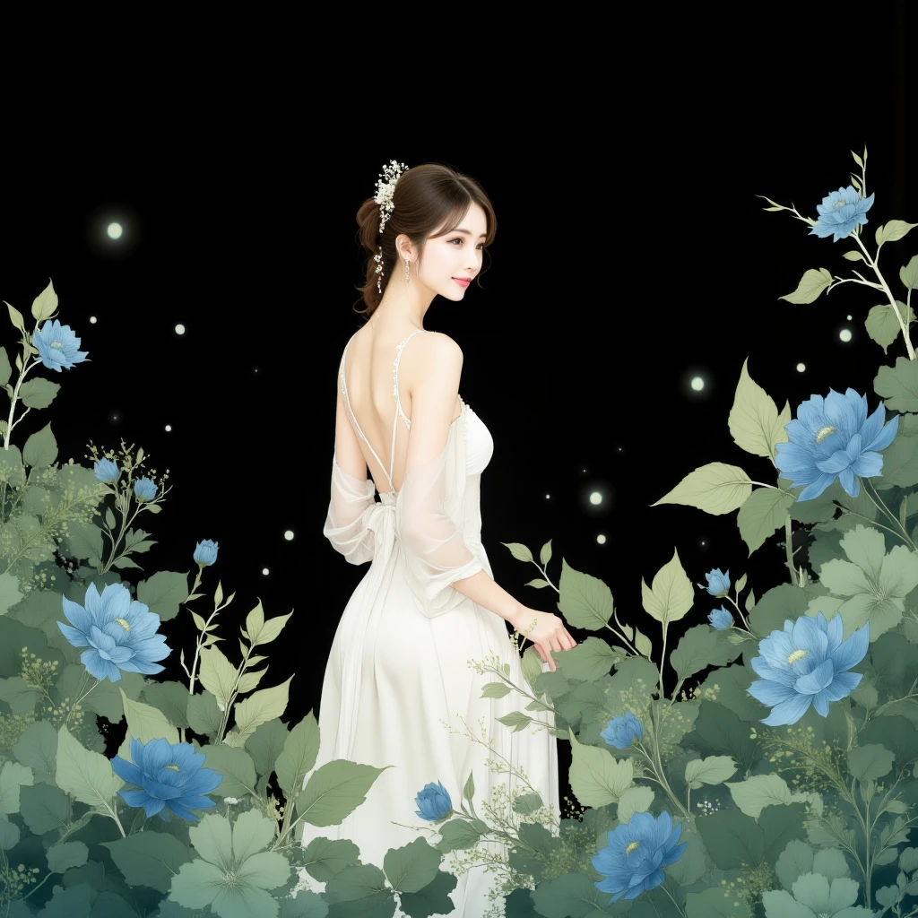 A hyper-realistic chinese ink wash shuimo-painting, featuring a beautiful east asian woman surrounded by natural green leaves and blue flowers. the woman is turning back and look at viewers.she is wearing a white elegat dress. The image uses inverted colors, glowing outlines, and a shining effect to emphasize the subject. The leaves appear semi-transparent with delicate veins and are enhanced by soft gradients. The background is completely black, creating a soothing and serene botanical theme. The composition highlights natural beauty with a watercolor effect, combining airy and serene elements, created with soft digital airbrushing. The overall atmosphere is elegant, peaceful, and minimalist.