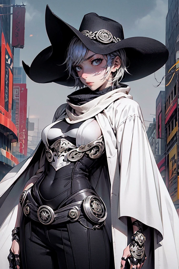 poncho, shorthair,  gothic makeup ,  black lipstick , Silver Hair,  cowboy hat , scarf,, medium breast,  tomboy ,  standing, whole body