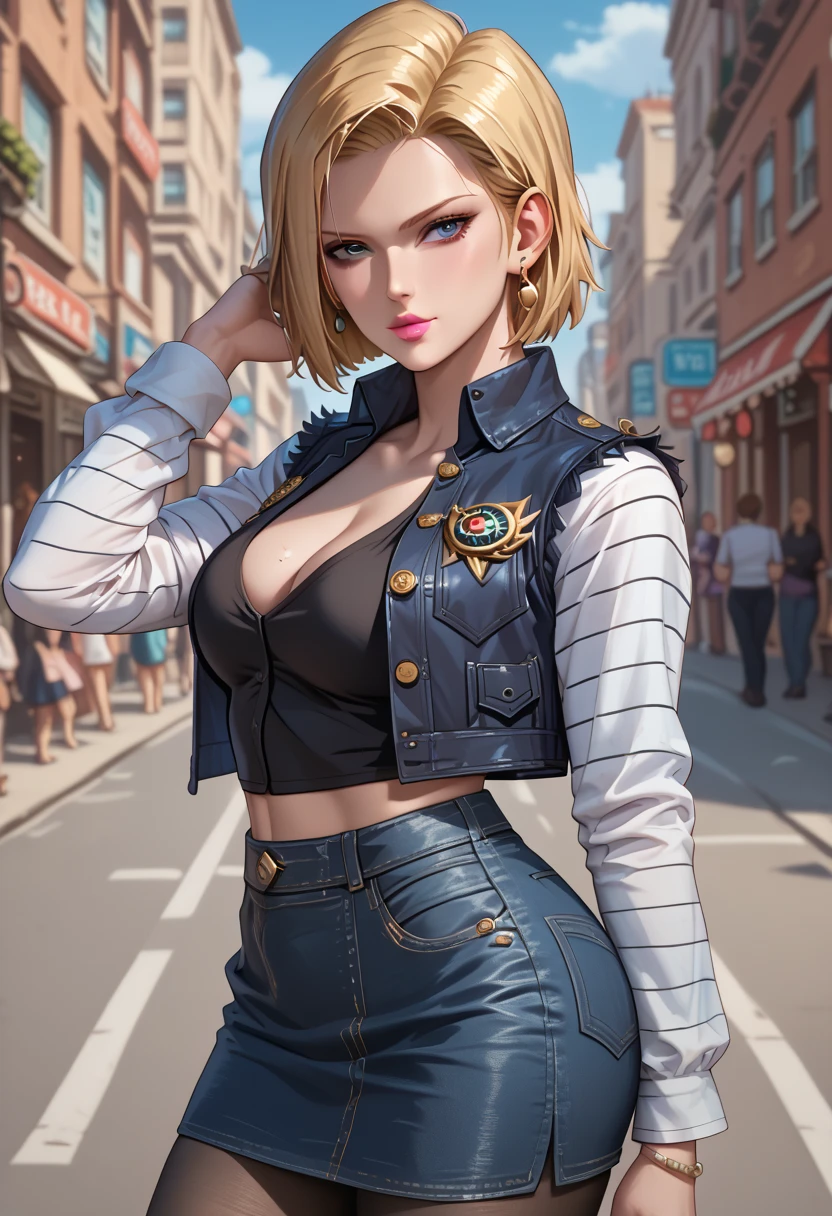 best quality, highres, and18, 1girl, android 18, solo, blonde hair, blue eyes, short hair, earrings, jewelry, denim vest, open vest, black pantyhose, black shirt, denim skirt, striped long sleeves, blue skirt, large breasts, cowboy shot, street, Bayonetta, woman with mature physique , wearing pink lipstick, eyes in the color cyan blue , sexy lips, black fabric skirt , short skirt, long sleeve puffy black suit shirt, posing sexy