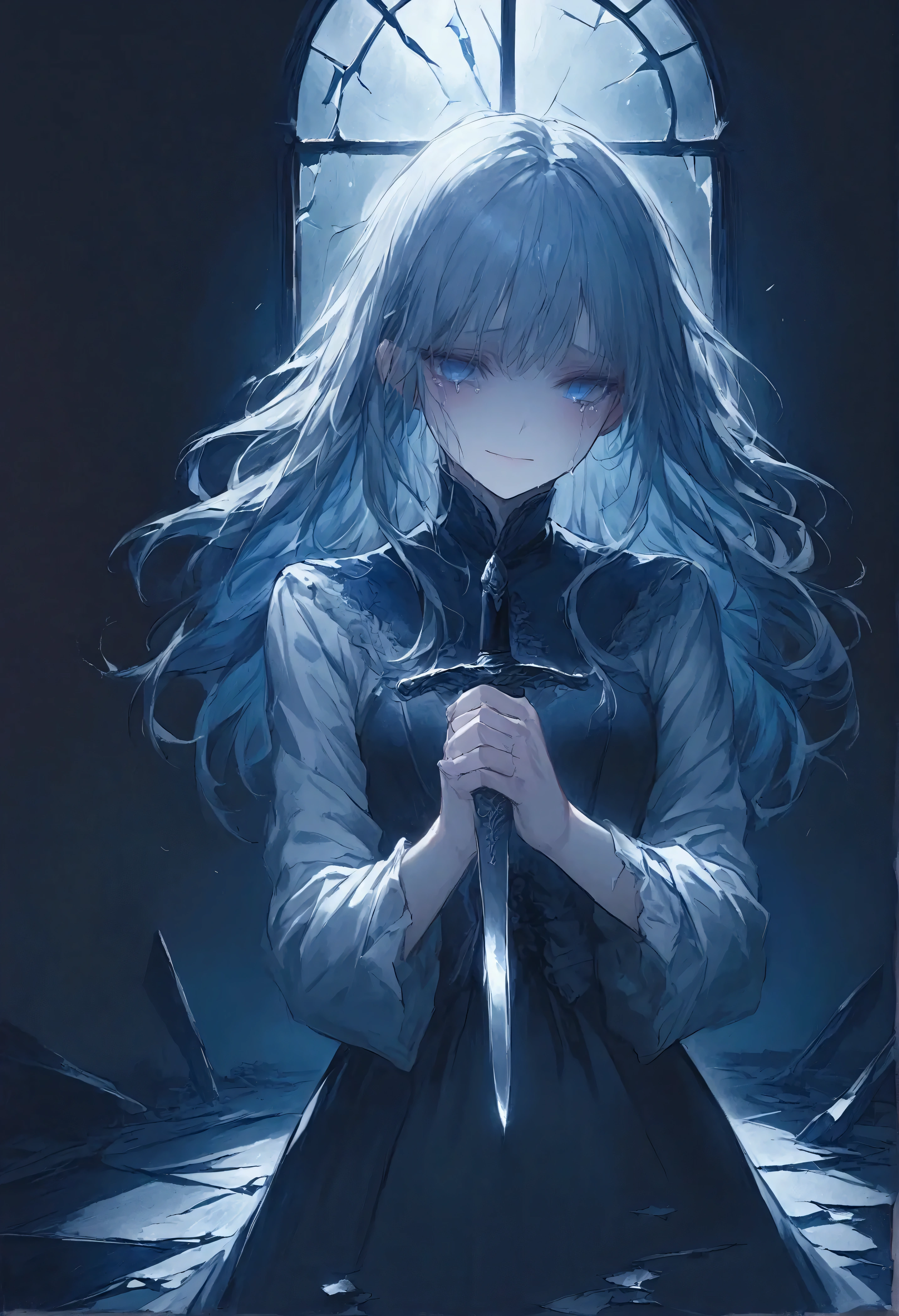 illustration, best quality, highly detailed, dramatic lighting, 1girl, standing, tense pose, gripping a silver knife tightly, long disheveled hair, tears running down cheeks, forced smile, trembling hands, dark room, broken mirror shards on the floor, cold blue and silver tones, faint glow from moonlight through window, emotional intensity, atmosphere of betrayal and heartbreak
