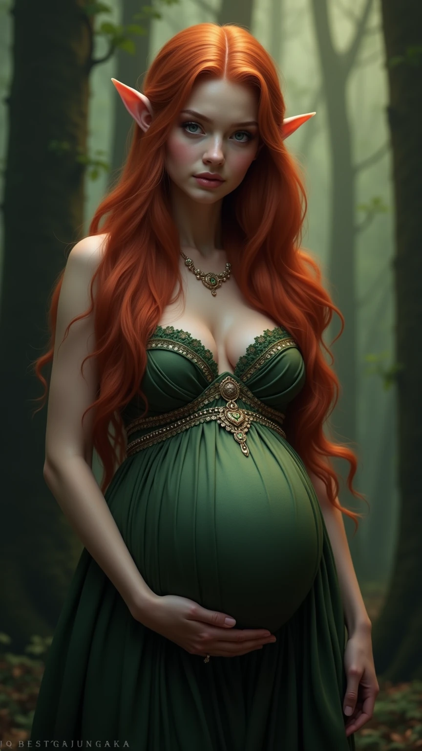 Sexy pregnant woman, cleavage, green dress (dress created by vines leaves and plants:1.4), ring earrings, pendant necklace, pregnant, full body shot, sexy pose, long luscious orange red hair