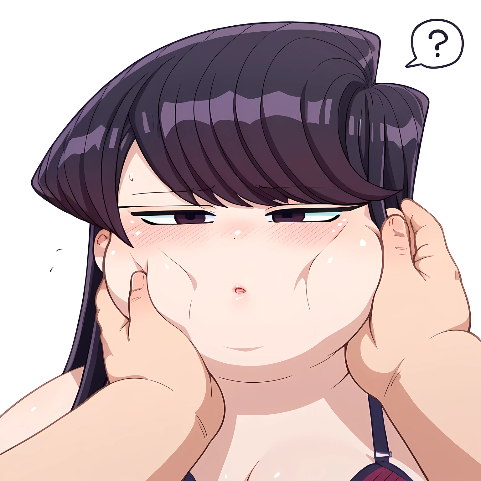 shouko komi, long hair, bangs, black hair, black eyes, half-closed eyes, komi, medium breasts, purple bra, purple panties, blush, ,fswollen face, fat, chubby, obese, open mouth, out of breath, absurdres, highres icon, rating:General, confused, blush, spoken question mark, {flustered}, nervous sweating, portrait, pov hands, hand on another's cheek, averting eyes, [looking away], straight-on, from side,  upper body, masterpiece, best quality, ultra-detailed, high resolution, 8K, absurdres, highres icon,