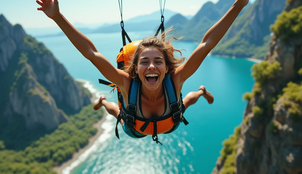 Woman skydiving showing island below