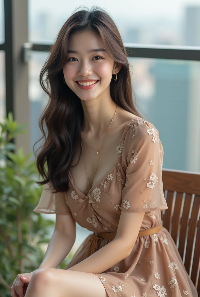 ulzzang-6500-v1.1, (RAW photo:1.2), (Photoreal), (genuine:1.4), (muste piece), beautiful woman with perfect figure: 1.2, dark brown hair, wearing a pendant, strapless、elegant long dress、(very kind smile:1.2)、 highly detailed face and skin, fine eyes, double eyelid,  ((full body shot:1.3))、