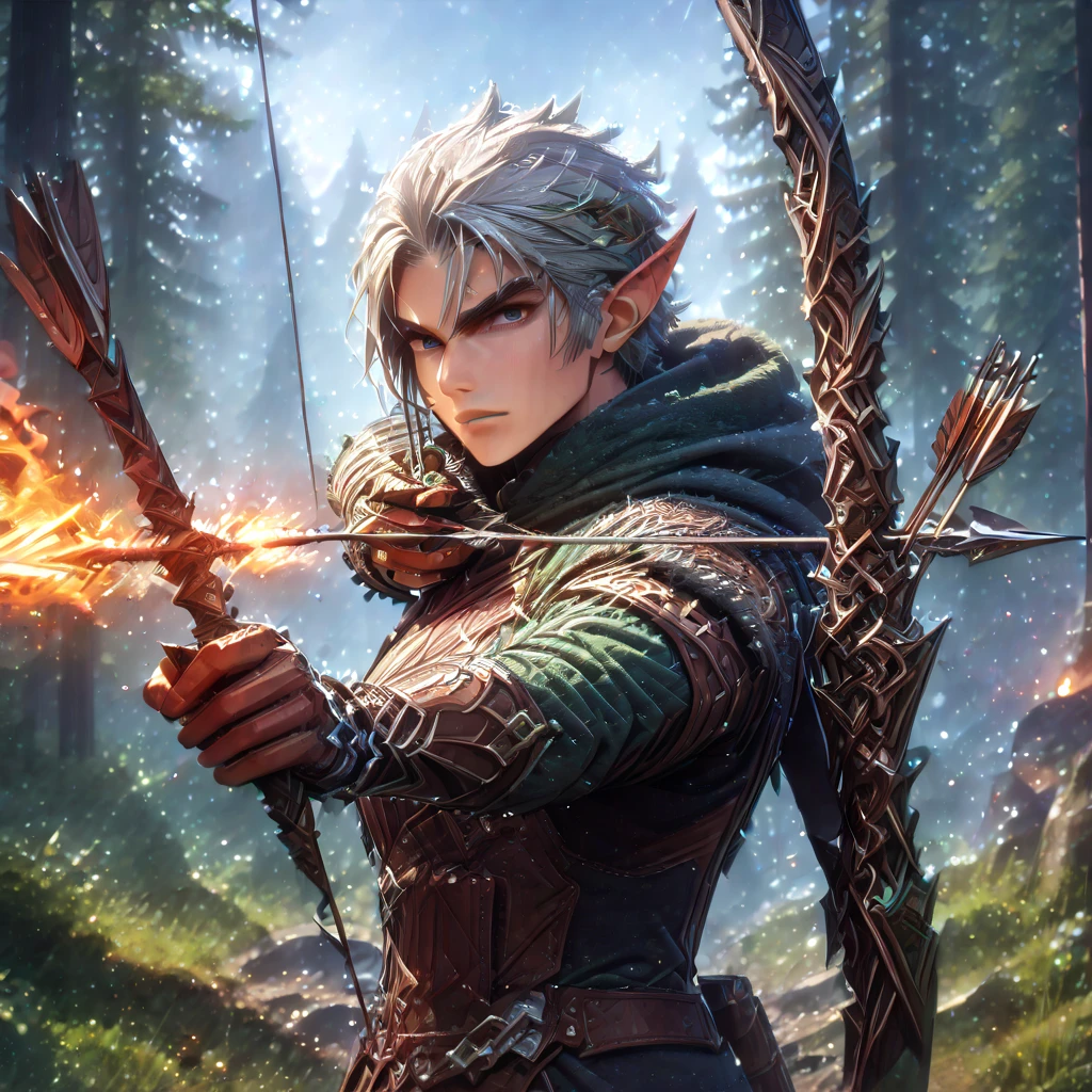 (Ash: Archer, LEAGUE OF LEGENDS CHARACTERS,Female Elf Hunter),Nordic forest background,BLACK HOODED CLOVE ,Eyes aim at prey,(bow \(arms\), Arrow \(Projectile\), holding bow \(arms\), aim, holding Arrow, drawing bow,),break,(bow:   lying down  ),break,(  Masterpiece :1.3),(  best quality :1.4),( super detailed:1.5), high definition , Very detailed, Unity 8K Wallpaper, anatomically correct ,  Perfect Anatomy  ,Wide range of colors,Calm color scheme,A beautiful depiction of a Nordic forest,tree々Walk between