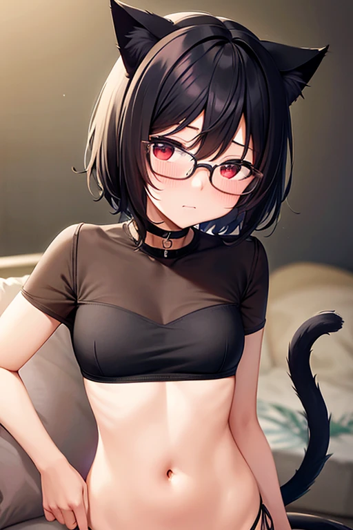 1girl, short hair, black hair, pony tail, blue eyes, choker, large breasts, cleavage, cropped hoodie, cat ears, cat tail, Black leggings, black yoga pants, slim waist, skinny, glasses, standing and bending over, bending at the waist, mouth open, indoors, window open, moonlight, best quality, thick thighs,