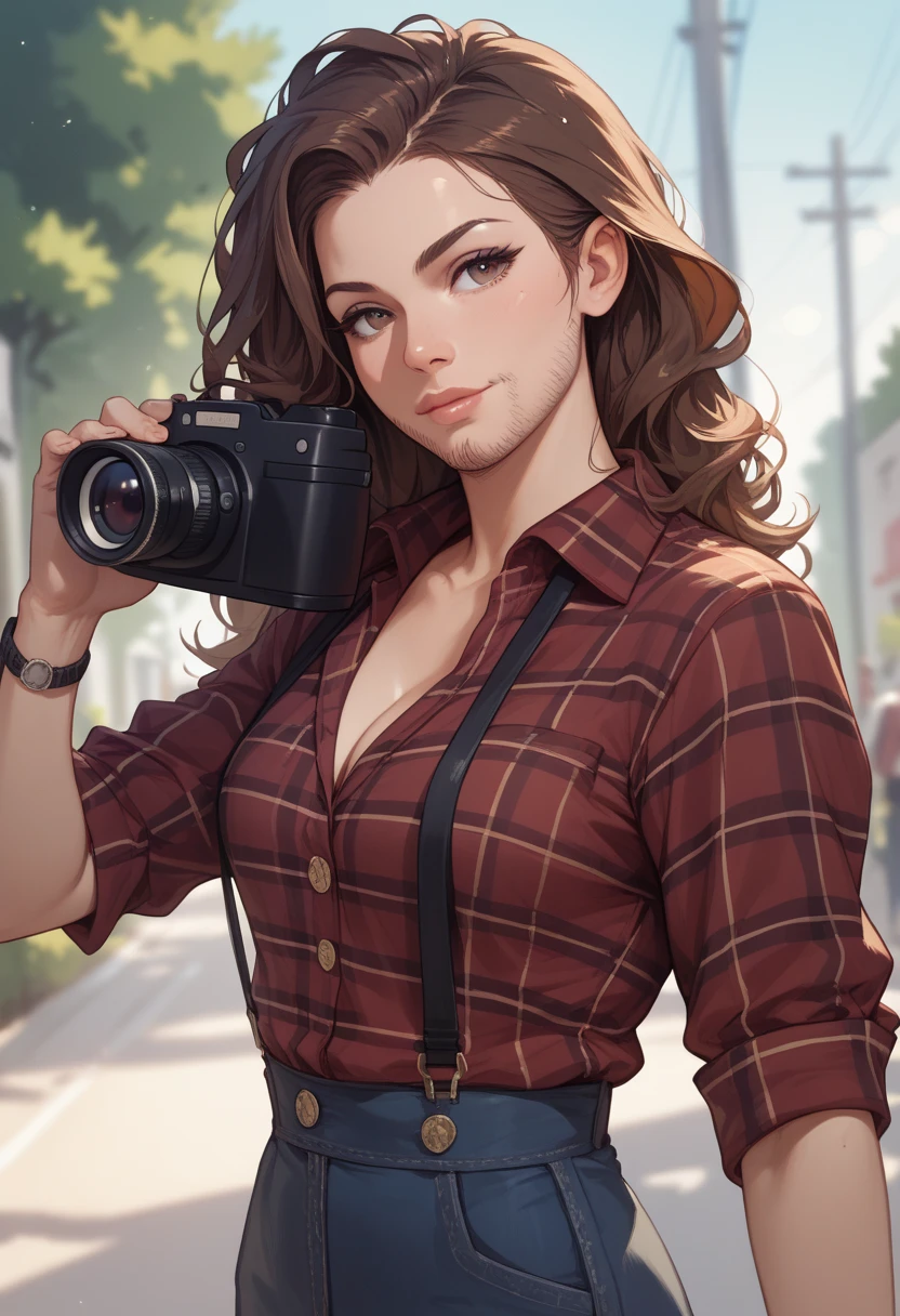 casual hobbyist with messy brown hair and a stubble beard, holding an old-school SLR camera with a zoom lens, wearing a plaid shirt over a plain tee, waist-up, 