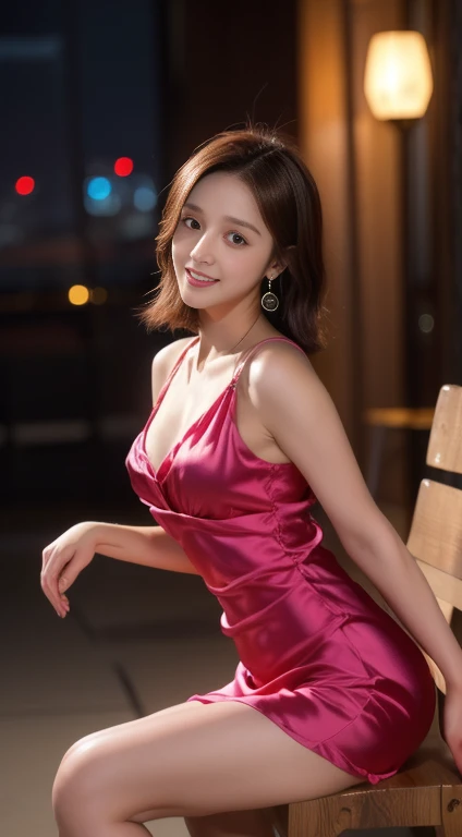1girl, fitness body, legs, freckled, perfect face, make-up, red lips, Round Eye Shape, (Flirty smile facial expression:1.3), Harem pants and bandeau top, Tall, Wide Hips, Triangular Face, Dark Skin, Auburn Hair, Brown Eyes with Green Flecks, Long Nose, Thin Lips, Receding Chin, Shoulder-Length Hair, Coarse Hair, Boho Braid, small breasts, round breasts, Threader earrings, soft pink satin lipstick A secluded rooftop terrace with a stunning cityscape view, wide angle, long shot, good hand, 8k, high-res, masterpiece, best quality, proportional head:1.3, finely detailed skin, sharp focus, (cinematic lighting), night, soft lighting, dynamic angle, (detailed face without mask:1.2) (hyper supreme extreme quality beautiful women:1.3), (hyper realistic texture skin:1.3), (beautiful huge eyes:1.3)