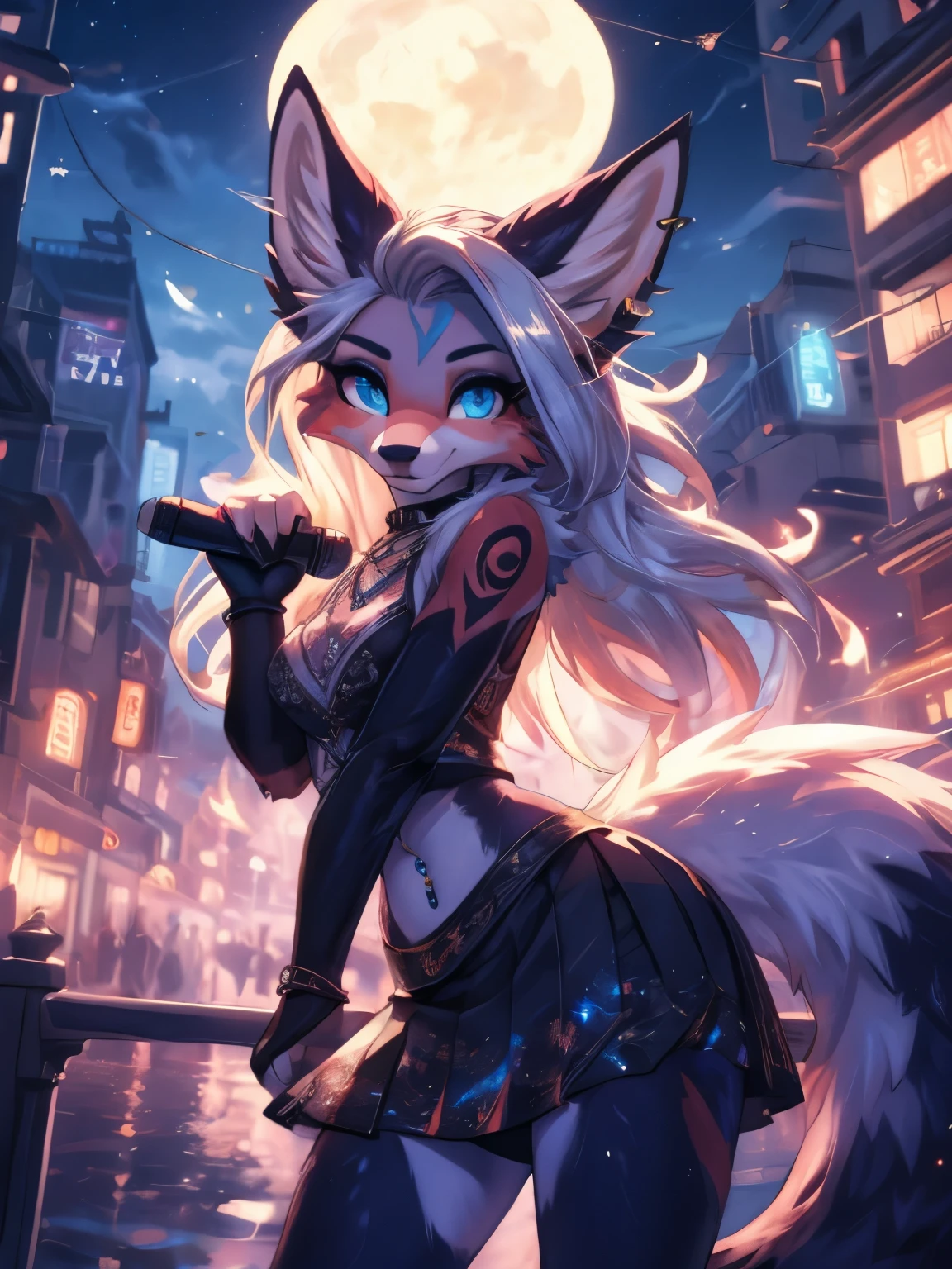anime girl,tennage girl 1, anime style, foxy girl, blue body, anthropomorphic shy girl , kitsune ears, dark art of Natasha, cityscape, Vixen Astra art, whole body, nice legs, thin waist, wide hips, navel WHITE blouse, WHITE&pink skirt, belly button piercing, ear piercing, tattoo navel, bold pose, Back pose, Fluffy tail, Sensual Eyes (best definition) long hair, Black Flash, city party, The city's nightlife,  girl, idol girl, girl with microphone singing, dark purple eyes (HD), WHITE&pink dress, super mega star idol, aura clean, light silhouette, glowing silhouette of golden light, his body shines, best lighting in photography, mermaid mini-skirt, lovely girl, sending a kiss, love with all my heart