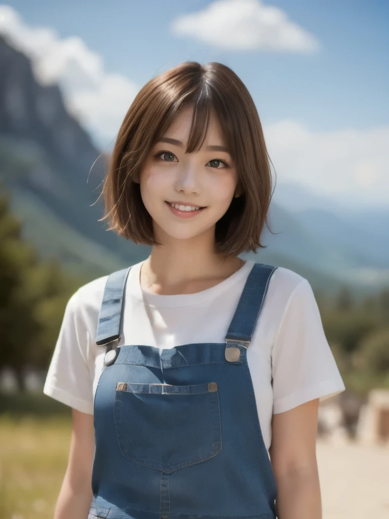  1 girl,  French,  shorthair,  orange hair, Green Eyes, Freckles, smile,  red overalls ,  blue shirt, Roll up your sleeves, mountain, moon, (  knight :1.5),  look at the viewers 