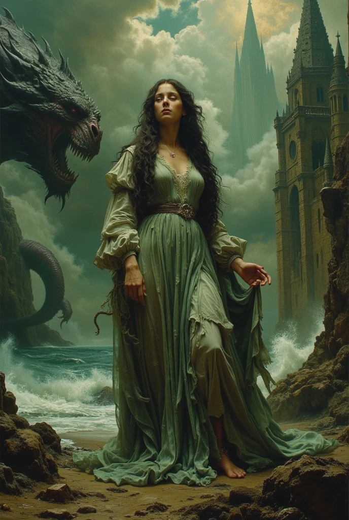 Create a haunting, otherworldly masterpiece painting in the style of Raphael, featuring a beautiful, ethereal woman whose appearance is both mesmerizing and terrifying. Her long, flowing hair is a mix of dark tendrils and writhing, snake-like forms, hinting at an unnatural, eldritch presence. She is draped in a semi-transparent gown, which seems to shimmer with an unearthly light, revealing her form while giving off a sense of unsettling, otherworldly beauty. Her face, while beautiful, bears a chilling expression—her eyes wide and empty, as if gazing into an infinite void of madness.

Surrounding her are twisted, Lovecraftian horrors drawn from the abyss. From the depths of the ocean, the massive form of an ancient, slumbering entity—like a grotesque, gargantuan Cthulhu—emerges, its countless tentacles and horrifying, cyclopean eyes reaching into the sky. In the background, monstrous, grotesque forms reminiscent of the Great Old Ones loom, their vast forms barely comprehensible to human minds, shrouded in fog and shadows. A great, twisted city of alien architecture, with towering, ancient spires and symbols that defy understanding, stands in the distance, its presence radiating an aura of madness and despair.

The air is thick with an unnatural mist, and the colors are muted and eerie—shades of deep green, black, and purple swirling around the scene, as if reality itself is warping. The woman stands at the center, a dark goddess or eldritch being, her divine beauty now marred by the incomprehensible horror surrounding her. Her form seems to be shifting, blurring at the edges as though she is part of the very nightmare unfolding. Her expression is a mix of sorrow and malice, as if she herself is a harbinger of chaos, a conduit for the ancient, cosmic horrors that lurk beyond human perception.

The painting should evoke a deep sense of unease, blending classical beauty with the unsettling, cosmic terror of the Cthulhu Mythos, as if peering into a forbidden reality tha