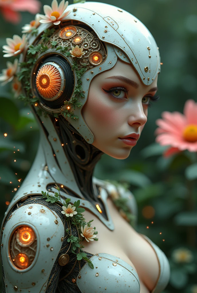 Create a farmer drag queen wearing futuristic robotic pieces make it inspired with high fashion looks add flowers and leaves