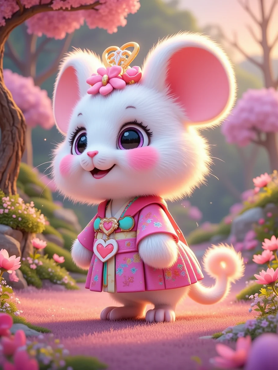 Q version cute Little Mouse ，side/Back view，Round face contour， Little Mouse features visible from an angle，穿着Bright colors的蓬松迷你汉服，Fluffy design， with Little Mouse accessories ， ， Background elements full of dreamy fairytale-like scenes and depth，8K Ultra HD， Photorealistic ，Fine texture， rendered using Unreal Engine 5 and Octane ， showing lovely beauty ， soft light，Dreamy atmosphere，Round eyes， fluffy details ， lively posture ，Playful expression，Pastel tones，Flash Effect，Heart-shaped detailing， Rosy cheeks ，Artistic rendering，Bright colors， rich in detail ， natural look ，Stunning quality ， commercial photography standards 