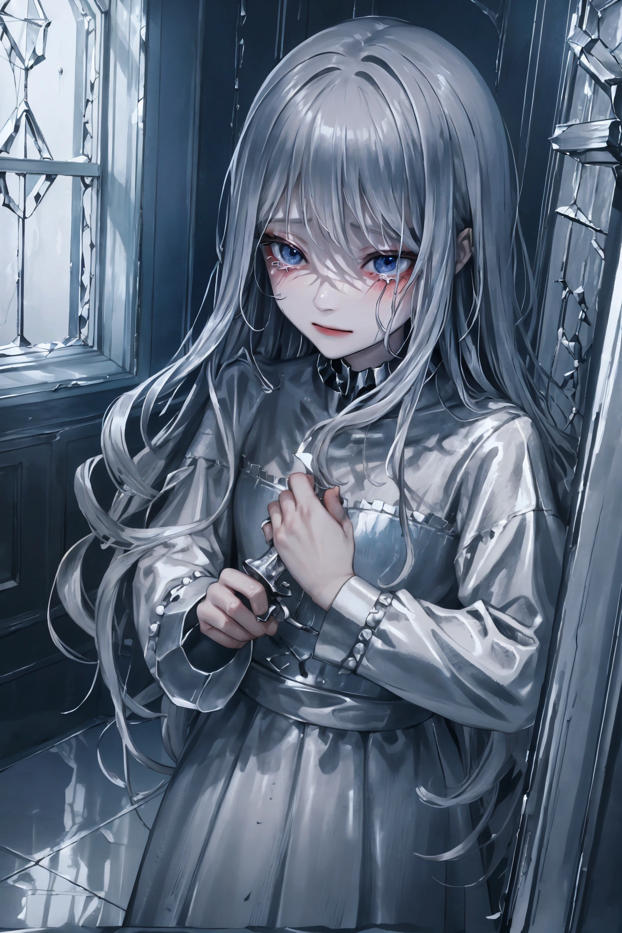 illustration, best quality, highly detailed, dramatic lighting, 1girl, standing, tense pose, gripping a silver knife tightly, long disheveled hair, tears running down cheeks, forced smile, trembling hands, dark room, broken mirror shards on the floor, cold blue and silver tones, faint glow from moonlight through window, emotional intensity, atmosphere of betrayal and heartbreak
