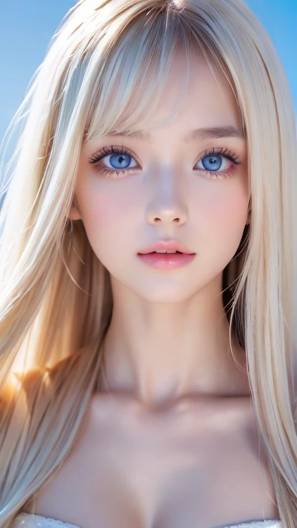 A beautiful girl in the world with a very beautiful baby face、 super long silky shiny bright natural platinum blonde hair、Long bangs in the center of the face、 cute sexy  、Very beautiful blonde hair with incredibly bright sky blue eyes、 Blonde above one eye 、 bangs between eyes、Very big eyes、Ample Bust、Very white skin、 glowing skin、Gloss Face、Cheek gloss、 eyeliner 、Small Face Beauty、A very beautiful white girl