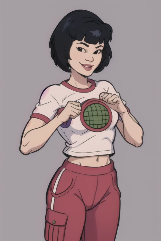 masterpiece, best quality, 1girl, gi, black hair, short hair, black eyes, looking at viewer, ring, shirt, smile, solo, simple background, gym clothes