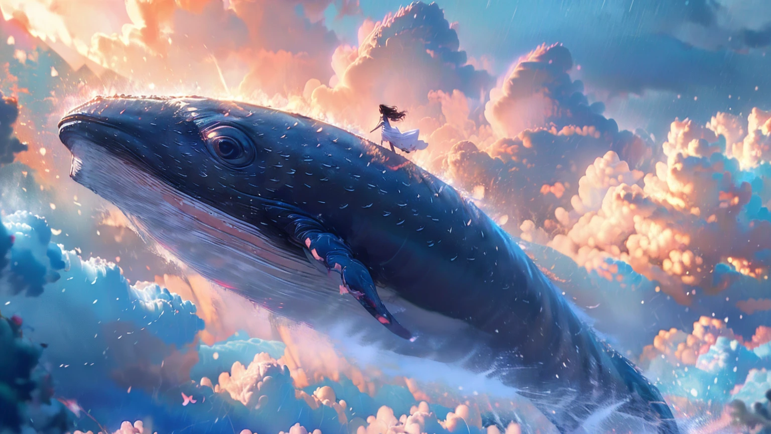 masterpiece, 8khighres, super fine illustration, a whale swimming the rainy sky, a lot of humans dropping from the high to ground, super wide shot, center is the whale, wonderful and little bit of horror atmosphere