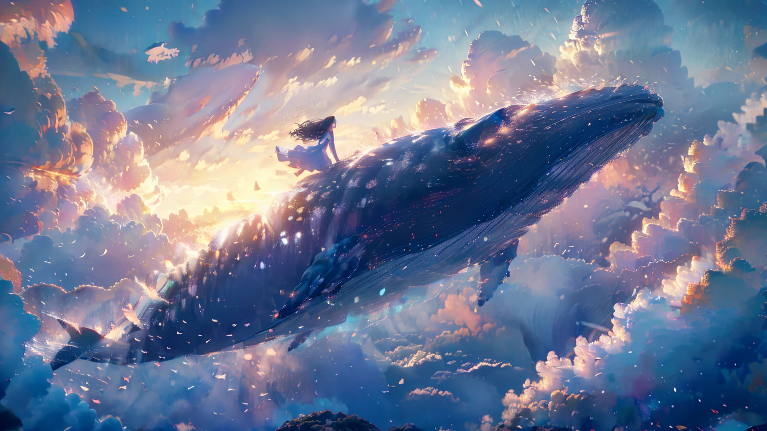 masterpiece, 8khighres, super fine illustration, a whale swimming the rainy sky, a lot of humans dropping from the high to ground, super wide shot, center is the whale, wonderful and little bit of horror atmosphere