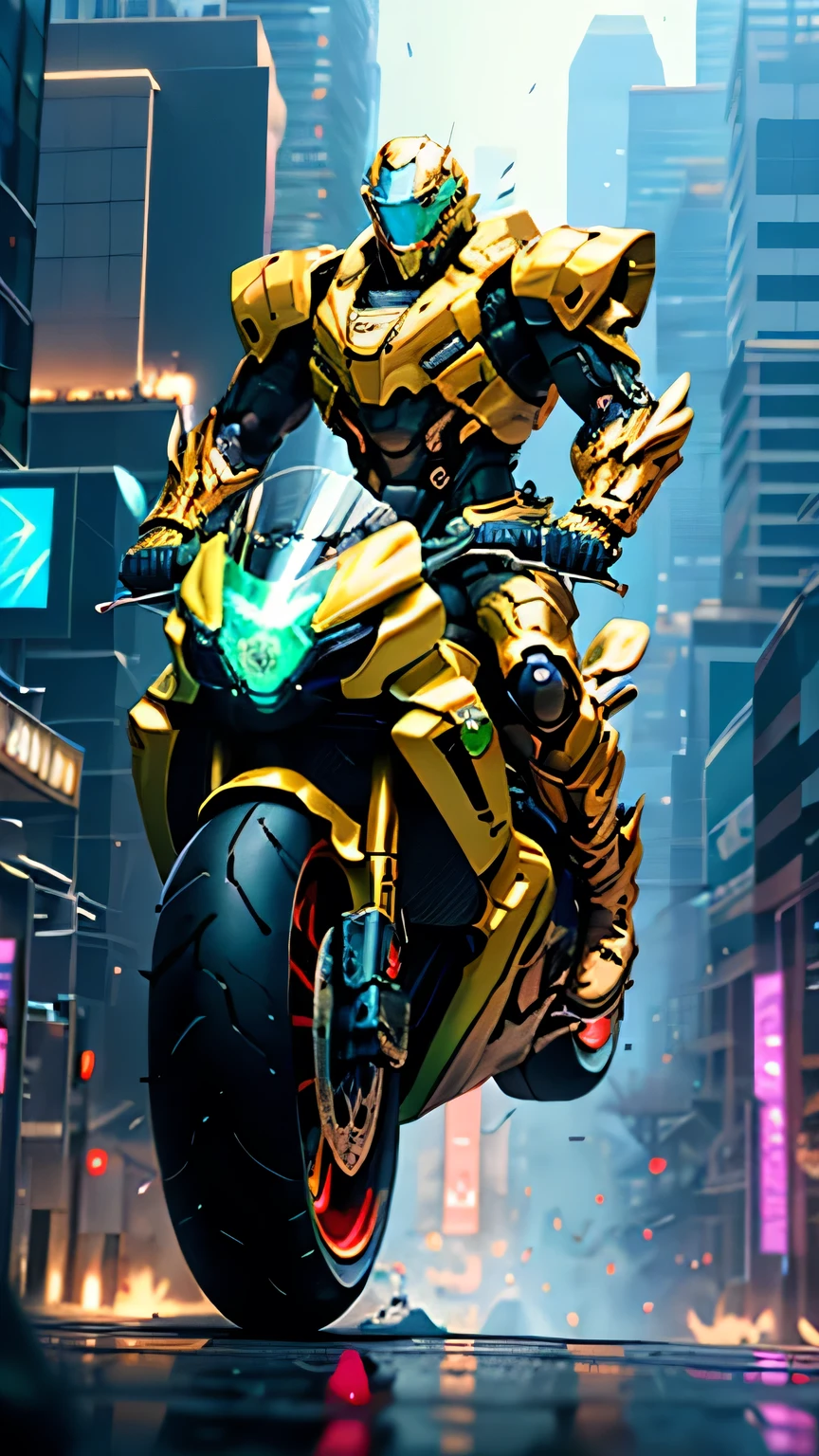 A man wearing a full-face helmet, a fantasy-style biotech armored combat suit, ridding big motorbike, fully enclosed shoulder guards, matching arm and leg guards, the belt is adorned with exhaust pipes, (the color scheme is primarily black glow with green and red accents), the design balances heavy with agility, a high-tech bio-mecha armor, (Armor Concept Inspired by Cyberpunk motorcycle, stand on the top of a skyscraper in a futuristic sci-fi city), this character embodies a finely crafted fantasy-surreal style armored hero in anime style, exquisite and mature manga art style, (battle damage, element, plasma, energy, the armor glows), ((male:1.5)), metallic, real texture material, dramatic, high definition, best quality, highres, ultra-detailed, ultra-fine painting, extremely delicate, professional, perfect body proportions, golden ratio, anatomically correct, symmetrical face, extremely detailed eyes and face, high quality eyes, creativity, RAW photo, UHD, 32k, Natural light, cinematic lighting, masterpiece-anatomy-perfect, masterpiece:1.5