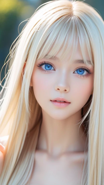 A beautiful girl in the world with a very beautiful 、 super long silky shiny bright natural platinum blonde hair、Long bangs in the center of the face、 cute sexy  、Very beautiful blonde hair with incredibly bright sky blue eyes、 Blonde above one eye 、 bangs between eyes、Very big eyes、Ample Bust、Very white skin、 glowing skin、Gloss Face、Cheek gloss、 eyeliner 、Small Face Beauty、A very beautiful white girl