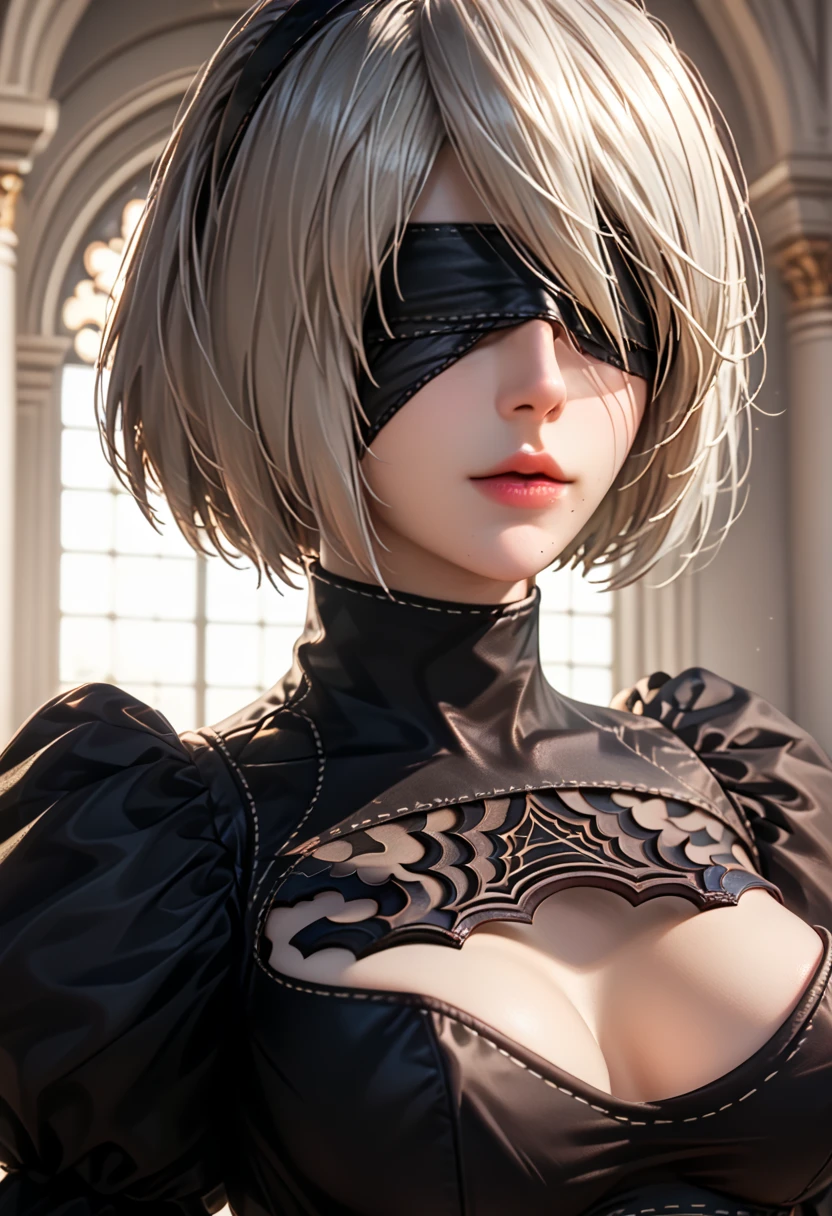 (Masterpiece, nier automata 2B, with black blindfold on,standing in a beautiful pose: 1.5)  (Best Quality, cinematic lighting: 1.5), Perfect Eyes, Perfect Face, Volumetric Lighting,  sunlit atmosphere cinematic presentation,slight frills, Black Stockings, Seductive, background is a romantic nighttime cathedral setting, Super Close Shot, Very accentuated hourglass figure, (Inner Flesh: 0.5), (Nipple Protrusion: 0.5) akin is greasy.  Goose bumps