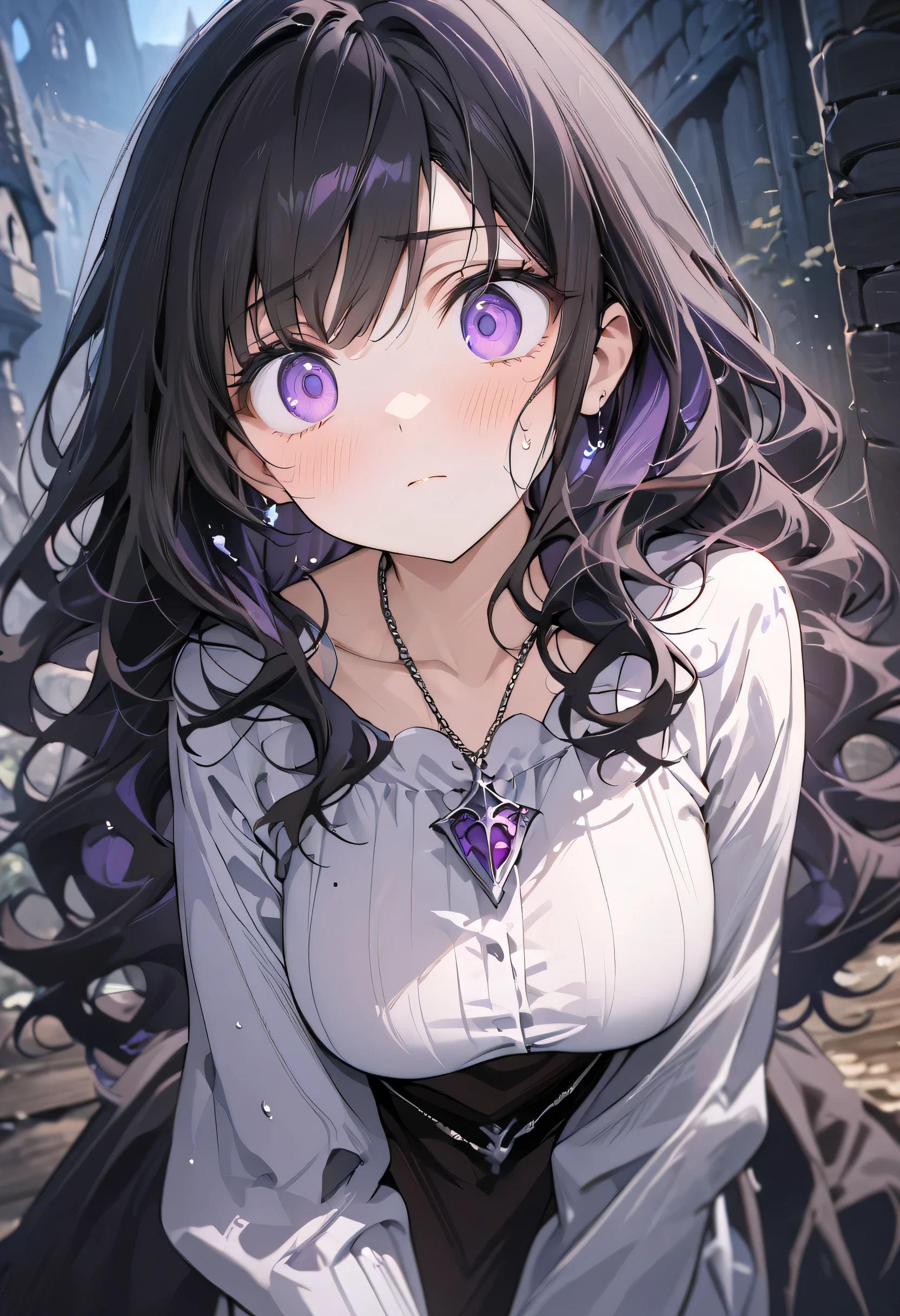 ((Masterpiece)), ((Masterpiece_portrait)), ((Best_qulity)), (unexposed), highres, distinct, distinct_image, hyper_detail, (detailed_face : 0.8), novel illustration, 1girl, solo, black_hair, wavy_hair, swept_bangs, purple_eyes, big_eyes, liquid_eyes, close_mouth, subtle_sadness, dress_shirt, large_breasts, sagging_breasts, 
Stocking, pendant, long_robe, slender, glamorous, slender_arm, slender_leg, medieval, Fantasy, Gangland, night