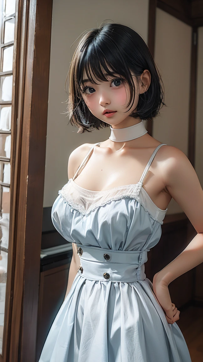 ((16 Nights Sakiya)), ((Touhou Project)), Cosplay, 20-year-old woman, (((gray hair)), ((medium spiky hair)), ((blue maid outfit)), ((white blouse)), midchest, (light)))), (pose))), (photorealistic photo: 1.3), rim lighting, (high detail skin:1.2), 8K UHD, dslr, high quality, high resolution, 4K, 8K, Bokeh, Absurdity, Best ratio four fingers and one thumb, (Real:1.3), Cutest 1 Girl, Lots of Knives